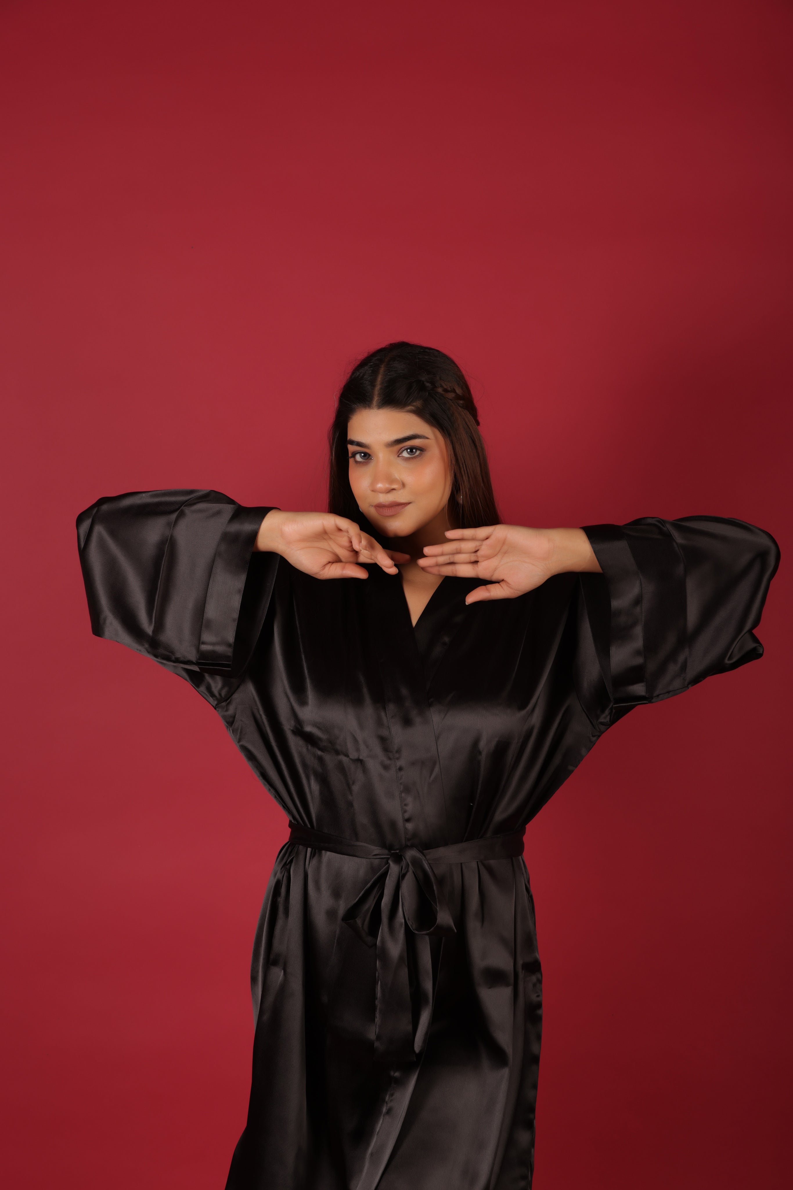 Black Satin Kimono Resort Dressing Gown Bathrobe For Her